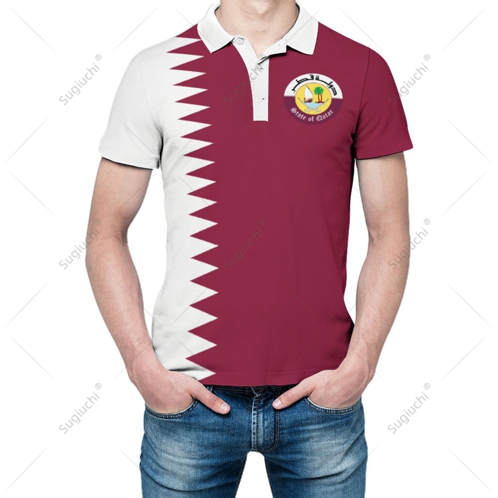 3D Printing Qatar - เสื้อโปโลยูนิเซ็กซ์ ลายธงชาติกาตาร์ พิมพ์ลาย 3 มิติ เสื้อโปโลแฟชั่นชาย