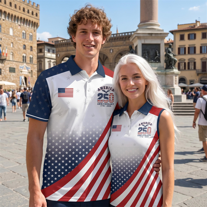 3D Printing Usa - เสื้อโปโลฉลองครบรอบ 250 ปีสหรัฐอเมริกา สำหรับผู้ชายและผู้หญิง ชุดยูนิฟอร์มทางการ พิมพ์ลายธงชาติ