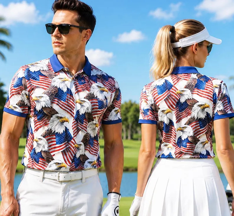 3D Printing Usa - เสื้อโปโลกอล์ฟลายธงชาติอเมริกันพร้อมลายนกอินทรีสำหรับผู้ชาย เสื้อโปโลแขนสั้นลำลองสำหรับวันประกาศอิสรภาพสหรัฐอเมริกา ชุดกีฬา