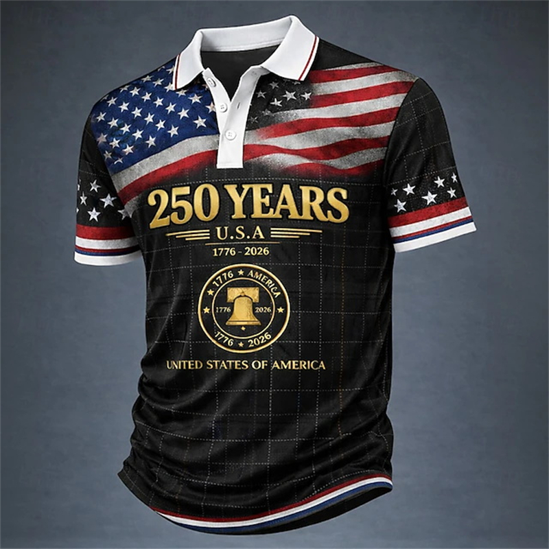 3D Printing Usa - เสื้อโปโลแขนสั้นผู้ชายลายธงชาติอเมริกันพิมพ์ลาย 3 มิติ รุ่นวินเทจ ฉลองครบรอบ 250